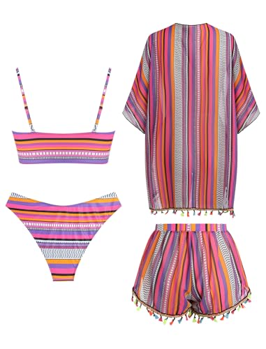 Image of ZAFUL Women 4pcs Ruched Striped Bikini Set High Cut Swimsuit with Sheer Fringed Cover Up Side Slit Shorts