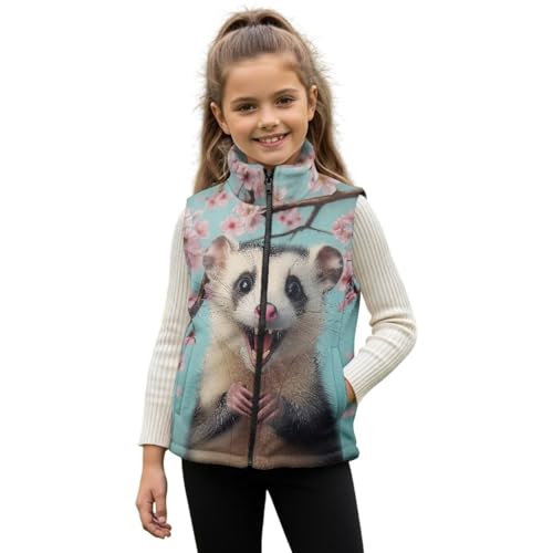 Frymappies Girls Opossum Fleece Vest Size 7-8 Kids Cherry Blossoms Full Zipper Sleeveless Jackets Cute Stand-up Collar Winter Vests Little Girls Fashion Lightweight Warm Outerwear Coat