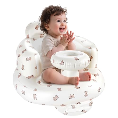 Image of Portable Inflatable Baby Seat, Waterproof Inflatable Baby Chair with Tray for Practice Sitting Up, Built-in Valve Toddler Support Blow Up Baby Chair, Baby Inflatable Seat for 3-36 Months (Bear)