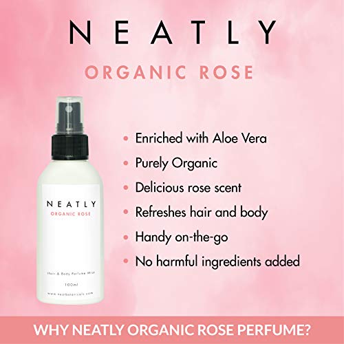 Unbekannt Neatly Hair & Body Perfume Mist I mit Rosen Aroma I Natürliches Haar- und Körperspray Für Den Sommer 100 ml I Erfrischungspray mit Lavedelöl I Aloe Vera Für Gepflegte Haut