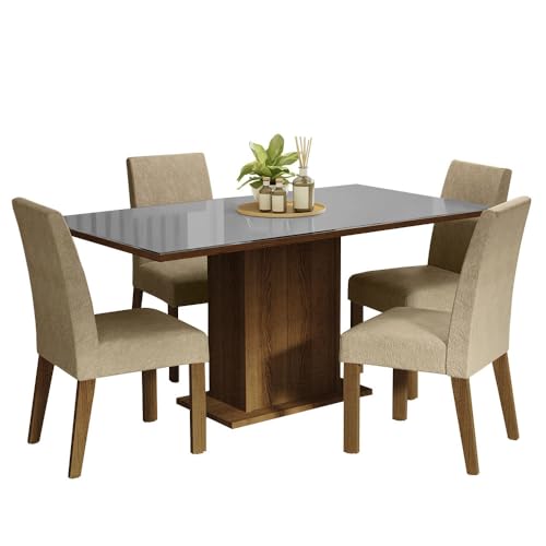 Image of Madesa 4 Seater Dining Set Rectangular Glass Table Top Sturdy Wooden with Fully Cushioned Seats 160 Cm for Dining Room and Kitchen - Brown /Gray /Beige
