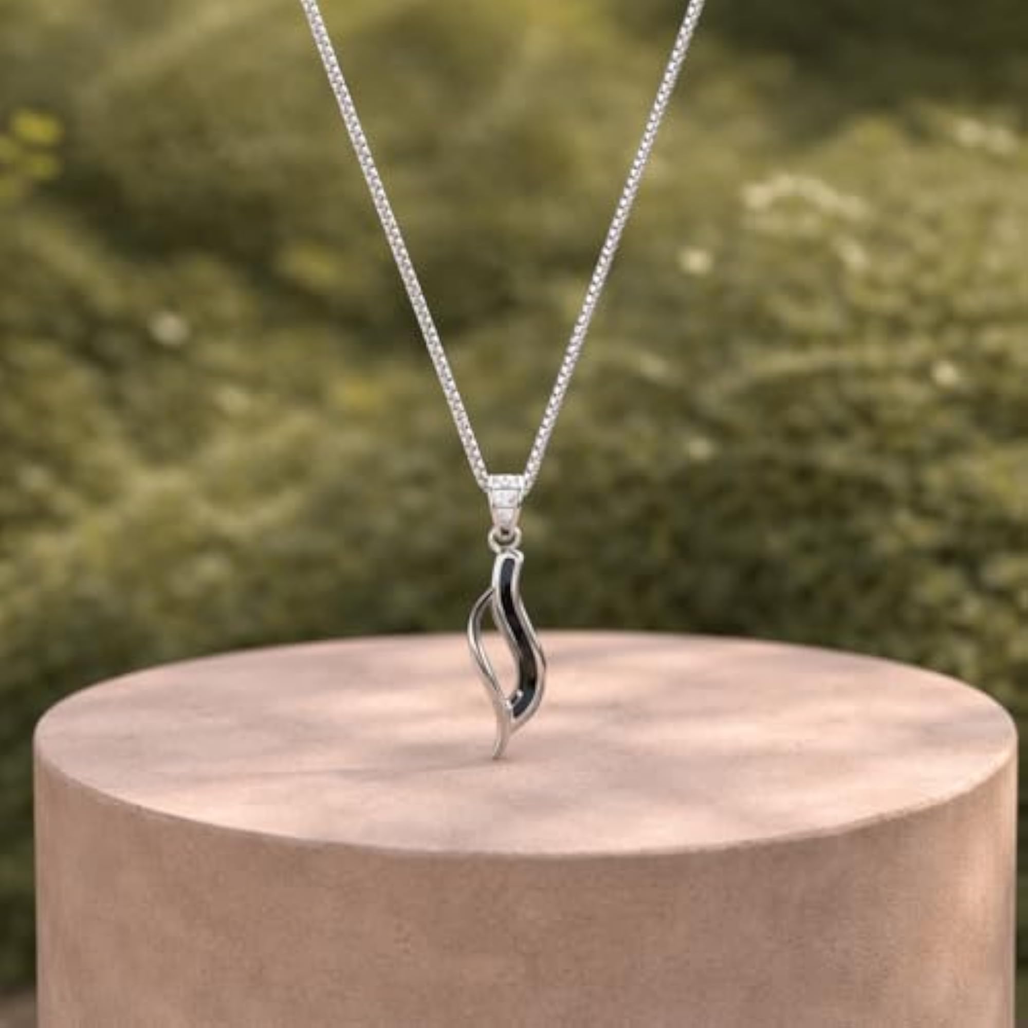 Sleek Black Wave 925 Silver Pendant with Box Chain