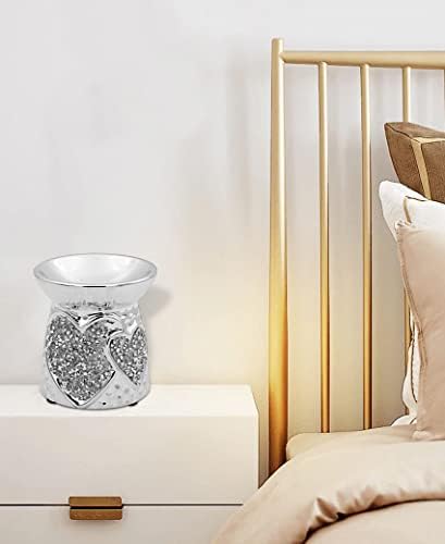 Silver Sparkle Crushed Diamond Fragrance Oil Burner Wax Warmer - Home Decor Accessories, Unique Design Ceramic Diamante Crystal Ornament (Heart Shape Wax Burner)