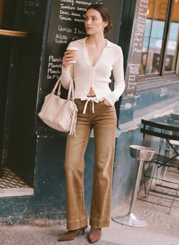 Image of Sidefeel Women's High Waisted Straight Leg Jeans Drawstring Denim Pants