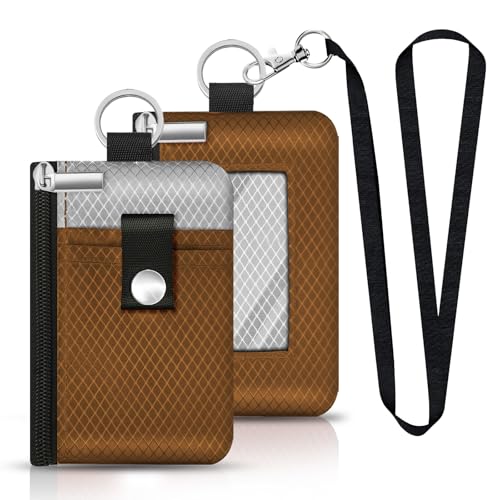 Image of Minimalist RFID Blocking Small Wallet with ID Window,WaterResistant Zip Id Case Wallet with Lanyard Keychain for Cards,Cash,Travel,Women,Men (Brown /Light Grey)