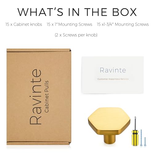 Image of Ravinte 15 Pack Brushed Brass Solid Kitchen Cabinet Knobs Zinc Alloy Door Knobs Cabinet Hardware Gold Dresser Drawer Handles Drawer Pulls with Screwdriver