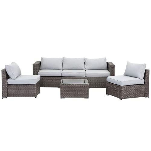 Solaste 6 Piece Patio Furniture Set, Outdoor Sectional Sofa with Tempered Glass Coffee Table, Wicker Rattan Patio Conversation Set with Cushions for Balcony, Backyard, Porch, Lawn, Grey