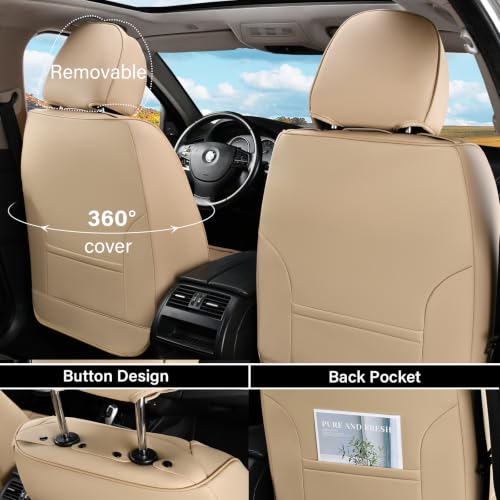 Image of Coverado Car Seat Covers Full Set, 5 Piece Car Seat Protector with Lumbar Support & Removable Headrest, Breathable Leather Front Rear Seat Cushion Universal Fit for Truck Automotive Beige