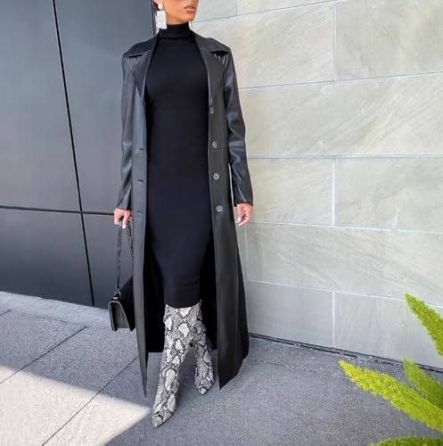 watersouprty Women's Long PU leather Slim Cardigan Vintage Outerwear Maxi Long Sleeve Blazers Coat2