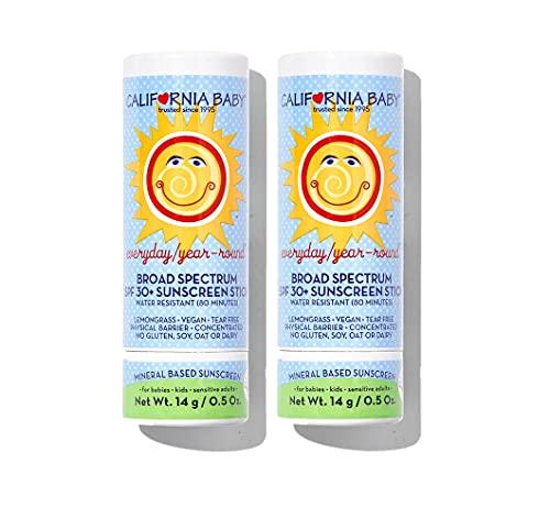 California Baby Everyday, Year-Round Broad Spectrum SPF 30+ Sunscreen Stick - For Babies, Kids & Adults, Free of Added Fragrances, Common Allergens, and Irritants, Fragrance Free, Water Resistant, .5, 2 Pack
