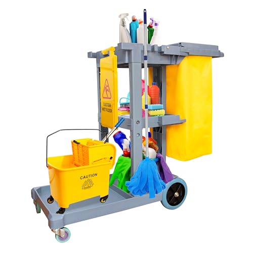 Berry Cleaning Trolley on Wheels | Janitorial Cart with Mop Holders | Commercial Janitor Utility Cart with Detachable Cloth Bag | Housekeeping Cleaning Cart for Restaurants, Malls, Hospitals