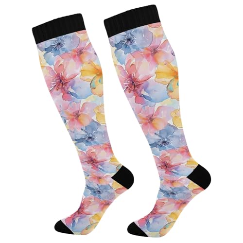 ALAZA Athletic Compression Socks Knee High Socks Stockings for Women Watercolored Flower Running Circulation Sport Football