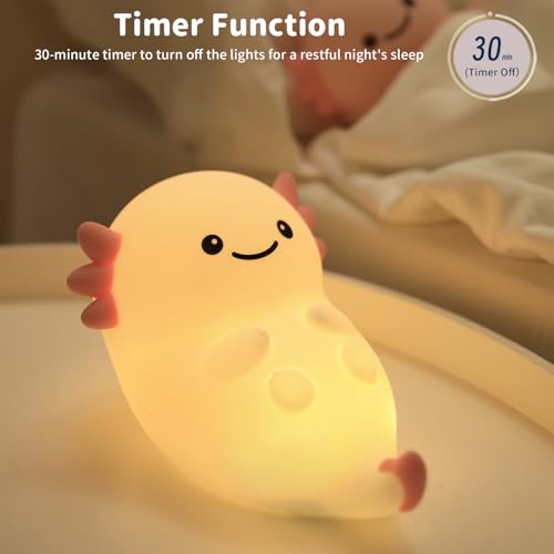 Image of Cute Axolotl Night Light, Dimmable Nursery Lamps, Super Squishy Silicone Timer USB Rechargeable Touch Control RGB Night Lamp for Kids Adults, Used for Camping Party Room Decor (Axolotl)