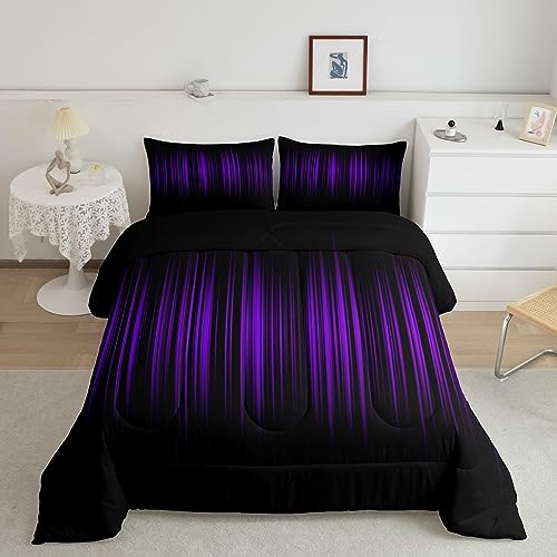Feelyou Purple and Black Comforter King Size for Boys Girls, Abstract Ombre Comforter Set Gradient Purple Lines Bedding Set Microfiber Quilt Set