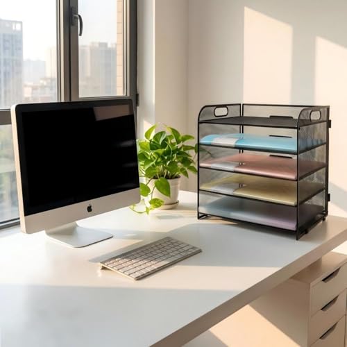 ECIC 5 Trays Paper Organizer Letter Tray with Handle-Mesh Desk File Organizer, Paper Sorter for Office, Home or School, Black image 8