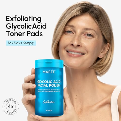 Image of MAREE Glycolic Acid Pads - 200 Toner Pads for Face Cleansing - Facial Exfoliating Pad with Tea Tree Oil, Salicylic Acid & Vitamins E, B3, B5 - Acne Clearing Face Pad, Skin Pore Resurfacing & Radiance
