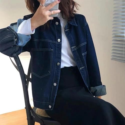 Dark Blue Denim Jacket for Women with Visible Stitching, All-Match Jacket Tops - Blue - M4