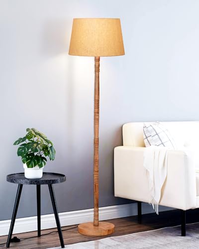 Image of Homesake Mid Century Modern Floor Lamp for Living Room | Hand Turned | Corner Lamp for Living Room, Stand Lamp with Fabric Lampshade for Bedroom, Study Room and Office, (Jute)
