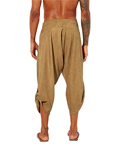 Gafeng Mens Yoga Capri Pants Casual Elastic Waist Drawstring Sports Cotton Linen Boho Harem 3/4 Pants With Pockets #TOP2