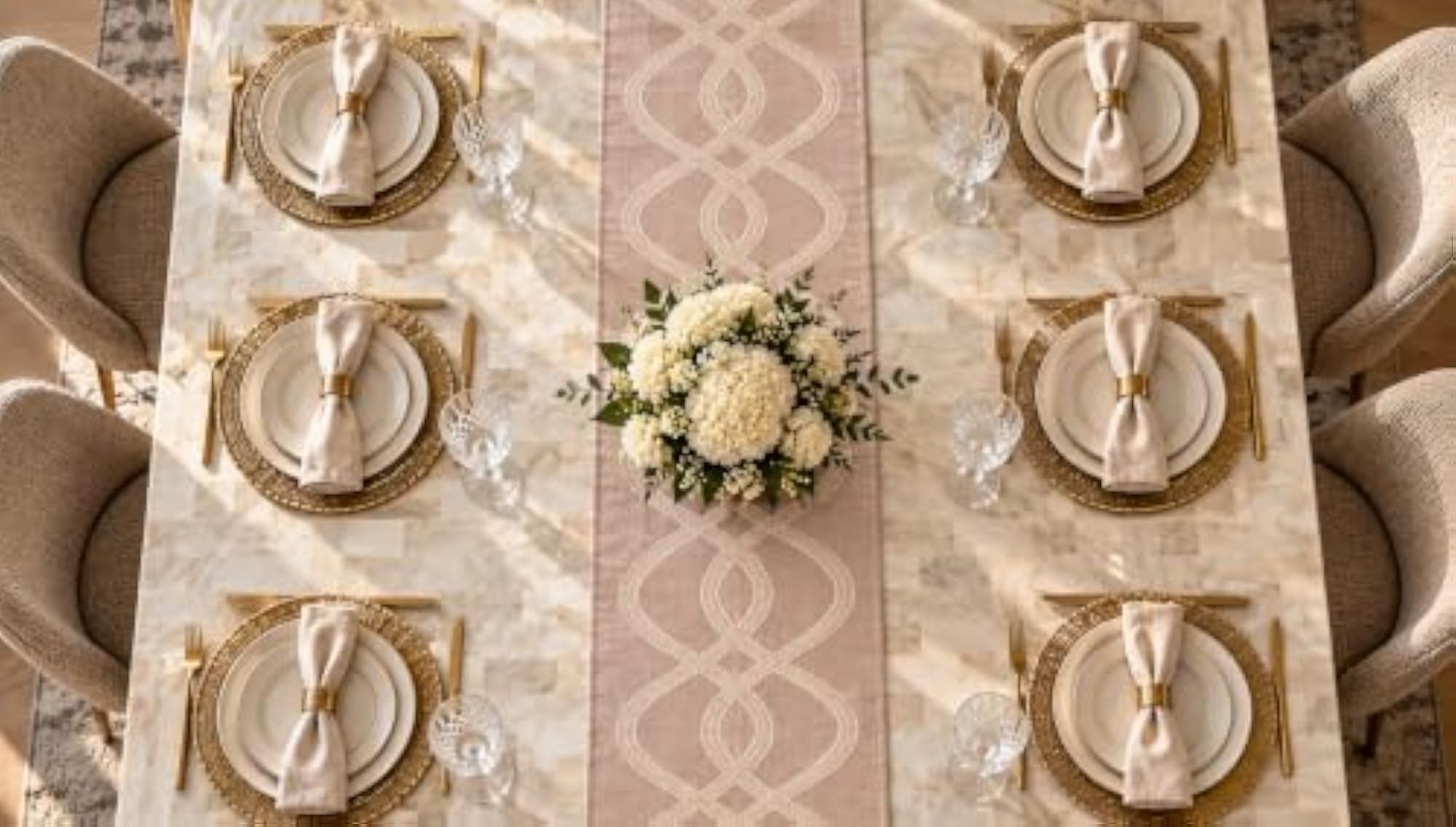 Blush Pink Table Runner with Ivory Interlaced Wave Embroidery