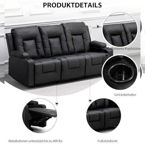 Relaxsessel-Set, Sofa, Sofa-Set aus Kunstleder, Fernsehsessel Ruhesessel Liegesessel mit Liege-Funktion Polstersessel Schlafsessel für Wohnzimmer Schlafzimmer Heimkino,Schwarz, 3+2+1 – Bild 5