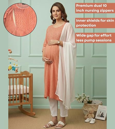 Image of DUMMY SHAPE Feeding Kurta Set for Women Cotton Blend | Floral Embroidered Pregnancy Kurta Pant Dupatta with Nursing Zippers | Pre & Post Partum | Maternity Dresses | Mom to Be Gifts