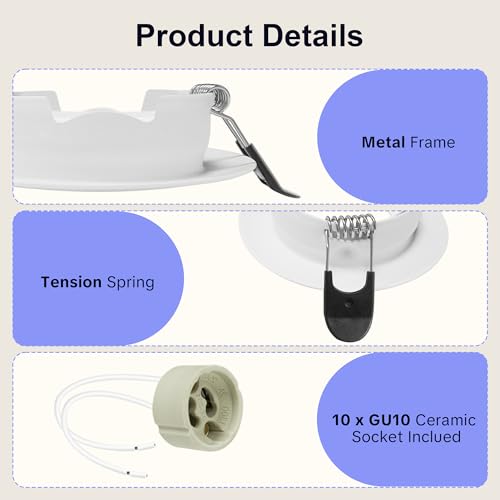 Laiebri 10er Einbaustrahler GU10 Set, 45° Schwenkbar Einbaurahmen 68mm mit GU10 Fassung, Rund LED Spots 230V Ultra Flach Deckenspots Weiß, Einbauspots Einbauleuchten Rahmen für LED oder Halogen