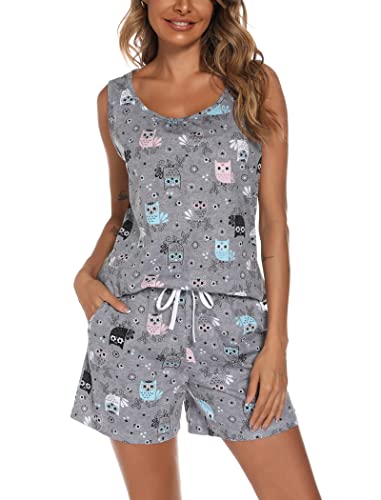 ENJOYNIGHT Women's Pajamas Set Sleeveless Tank Top and Shorts Sleepwear Set Summer 2 Piece PJS with Drawstring & Pockets