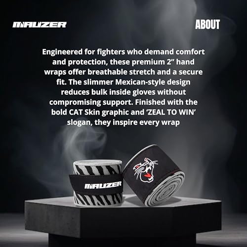 Image of Mexican-Style Boxing Hand Wraps - Breathable Stretch Cotton /Poly, 2 inch Wide with Hook & Loop, CAT Skin Graphic & Zeal to Win Slogan 2.5 Meter