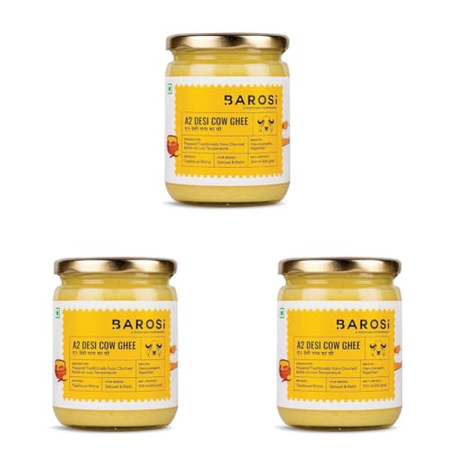 Image of BAROSI A2 Desi Cow Ghee 500ML | Traditional Bilona Method | Curd Churned Danedar Ghee | Lab Tested | Grass-Fed Desi Cow | Pure, Natural, Aromatic | Shudh Cow Ghee | Glass Jar (500ml) (Pack of 3)