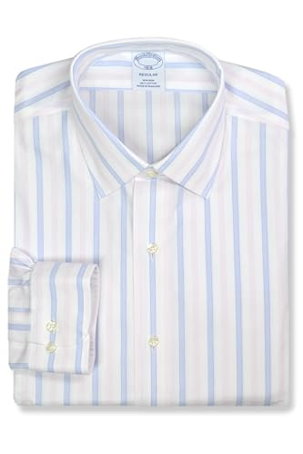 Brooks Brothers Mens Regular Fit Semi Spread Collar All Cotton Mixed Stripes Dress Shirt,