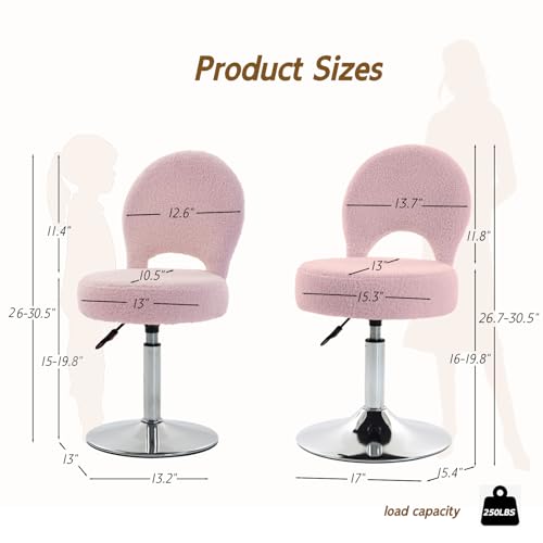 Image of Adjustable Small Vanity Stool Chair with Folding Back for Teenager | 360 Swivel Vanity Chair for Makeup | Teddy Fabric Ottoman Stool for Bedroom Living Room | Small | Pink