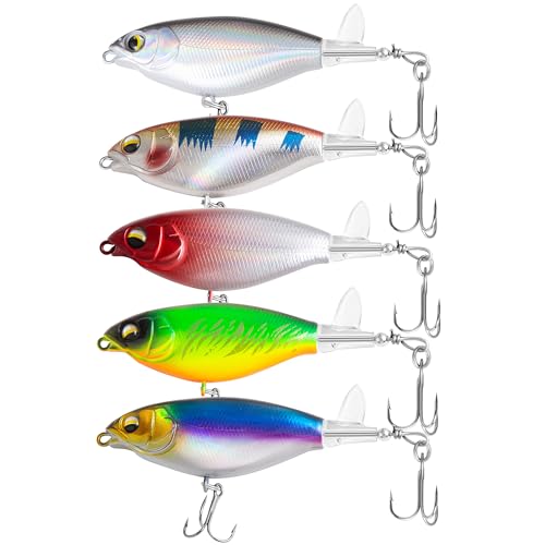 5Pcs Topwater Fishing Lures with Bait Box 0.2oz Whopper Popper with Rotating Tail Treble Hooks Plopper Floating Lure for Bass Crappie Walleye Catfish Pike Perch Freshwater or Saltwater