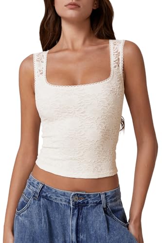 QINSEN Womens Lace Trim Square Neck Sleeveless Tank Tops Double-Layer Slim Fit T Shirt Crop Tops