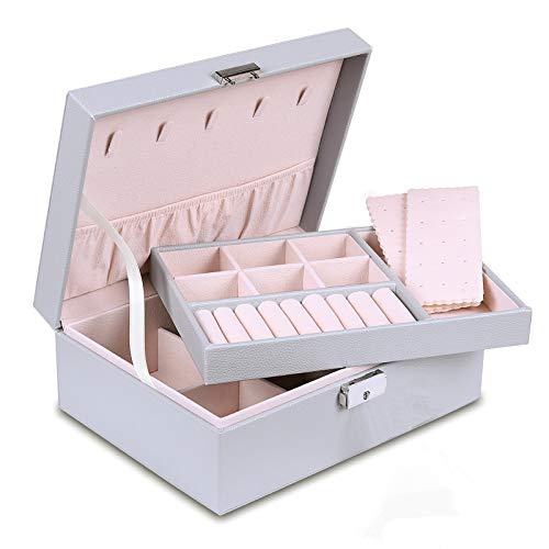 misaya Jewelry Organizer Box - Women Two Layer Display Storage Case Large PU Leather Jewelry Holder with Lock for Earring Ring Necklace Bracelet, Gray