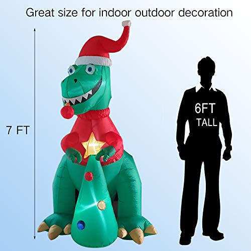 Poptrend Inflatable Christmas Decorations 7 Feet Inflatable Dinosaur With Christmas Tree, Christmas & X’mas Yard Inflatables With Bright Led Lights – Hilarious,Wacky, Funny, Holiday Spirit (7 Feet) #TOP1