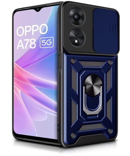 Image of WOW IMAGINE Tough Armor Bumper Mobile Back Case for Oppo A78 5G | Sliding Camera Shield Cover | Shock Proof 360 Protection | Hybrid PC + TPU | Ring Holder with Kickstand - Blue