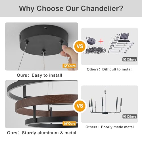 Image of KARTOOSH Modern LED Chandelier with Remote, Dimmable Ring Pendant Light Walnut Wood Black Circular Chandeliers for Dining Room Living Room Entryway Bedroom Office