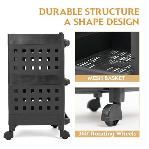 Image of ADA Plastic Premium Multipurpose Storage Rack Organizer with Wheels & Hooks for Living Room,Office,Bedroom,Bathroom,Kids Room Modern Onion Potato Rack for Kitchen Trolley Cart Stand (Black-3 Layer)