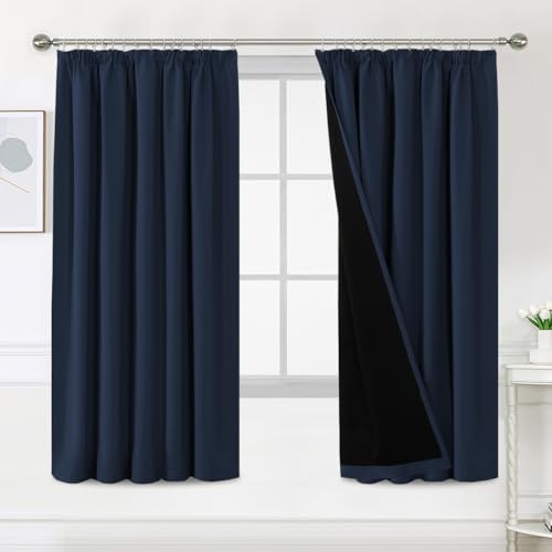 BellaHills 100% Blackout Curtains for Bedroom Thermal Insulated Curtains & Drapes Blackout Curtain Pencil Pleat Curtain for Living Room with Black Liner 2 Panels Set, 46 x 72 Inch, Navy