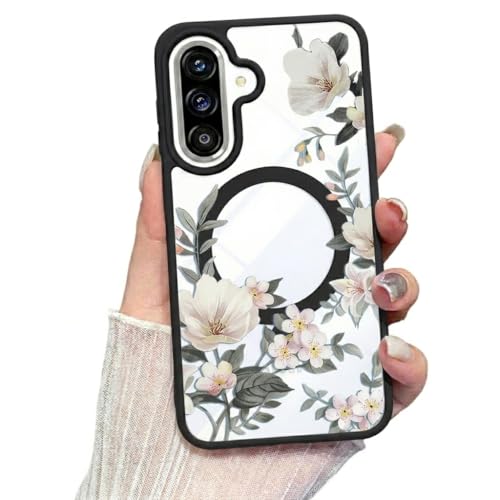 Image of VONZEE Compatible with Samsung Galaxy A36 5G Case Luxury Retro Flowers Floral Clear for Magnetic Wireless Charging Case Shockproof Case PC+TPU Cute Glossy Shiny Cover for Girls Women, Black