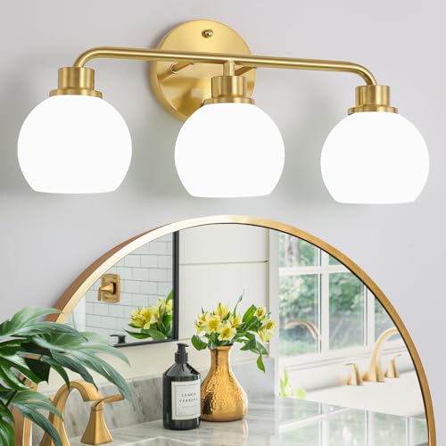 Bathroom Light Fixtures Gold Vanity Light 3 Light Wall Sconces Lighting Brushed Brass Lights with Milk Globe Glass Shades Bath Wall Lamp for Mirror Kitchen Living Room Bedroom Hallway