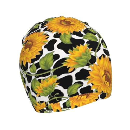 Rqzwdq Sunflower Cow Pattern Kids Beanie Hats Warm Knit Beanie Cap Skull Caps Gifts Decor for Boys Girls White