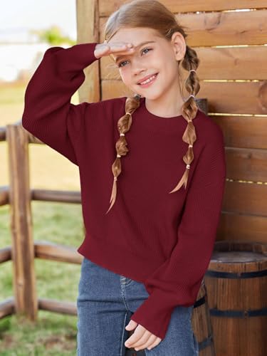 Haloumoning Girls Knit Pullover Sweaters Mock Neck Long Lantern Sleeve Jumper Tops 5-14 Years3