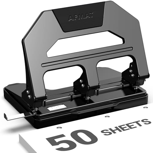 Image of AFMAT Heavy Duty 3 Hole Puncher, 50-Sheet Paper Punch Heavy Duty, 50% Reduced Effort Three Hole Punch, 10K+ Uses, Metal Hole Puncher 3 Ring w /Large Tray, Bulit-in S.S. Paper Guide HPX4(Black)