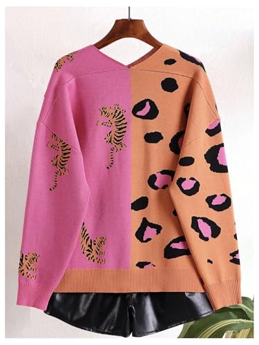 SHENHE Women's Color Block Button Down Animal Print Cardigan V Neck Leopard Sweater Coat2