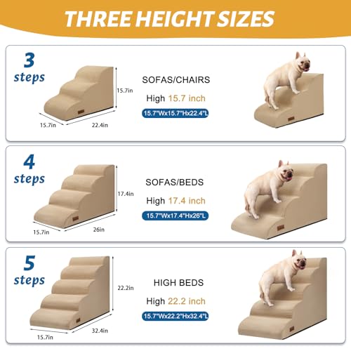 Image of Aodisman Dog Stairs for High Bed,5-Step Pet Ramp for Small Dogs and Cats | 22.2 inch H Dog Steps for Bed with High-Density Foam, Help Olders,Short-Legged Dogs,Puppy and Cats Get on Beds Easily,Grey,Khaki