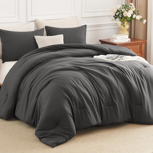 Image of HIMEET King Size Comforter Set, 3 Pieces with 2 Pillowcases, Dark Grey | 270GSM Down Alternative Fill, Oeko-TEX Certified, 8 Corner Ties Quilted, All Season, Fluffy Bed Set, Bedroom Decor Bedding