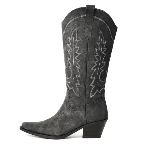 Image of Women's Pointed Toe Mid Calf Cowboy Boots - Cowgirl Boots with Chunky Heel