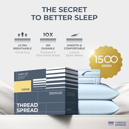 Image of THREAD SPREAD 100% Egyptian Cotton Sheets Queen Size - Luxury 1500 Series Queen Sheet Set Egyptian Cotton (4 PC, Light Blue), Silky Soft, Sateen Weave, Cooling & Breathable, 17 inch Deep Pocket Bed Set